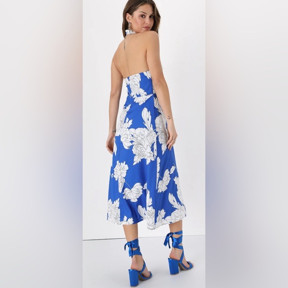 NWT Lulus Impressive Icon Blue Floral Halter Midi Dress - Picture 4 of 12
